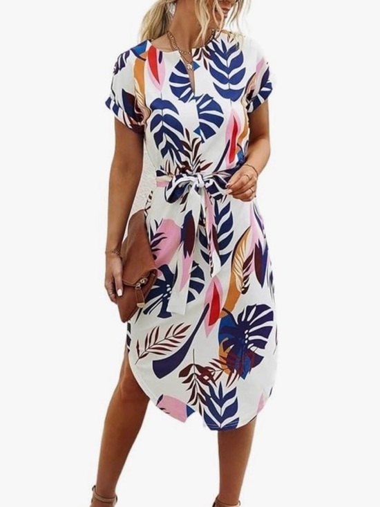 Dresses & Skirts - Tropical Leaf Print Tie-Waist Midi Dress - White Multi